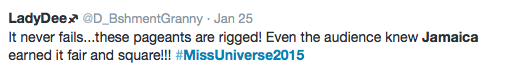 Twitter comment stating that pageants are rigged and Miss Jamaica should have won Miss Universe 2014