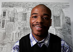 Stephen Wiltshire in front of a detailed sketch of the Sydney cityscape 